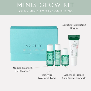 THE MINI GLOW SET
- Quinoa One-Step balanced Gel Cleanser (8ml), Daily Purifying Treatment Toner (5ml), Artichoke Intensive Skin Barrier Ampoule (5ml), Dark Spot Correcting Glow Serum (5ml), AXIS-Y Sticker, AXIS-Y Gift Card
