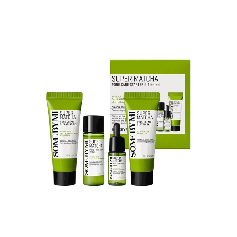 SOME BY MI SUPER MATCHA PORE CARE STARTER KIT
[Cleansing Gel 42ml, Clay Mask 42g, Toner 30ml, Serum 10ml]